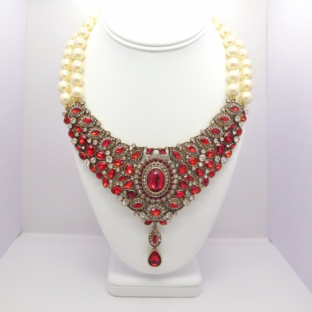 Heidi Daus Bib Necklace Red Swarovski Crystals Faux Pearls Signed PERFECT 32303
